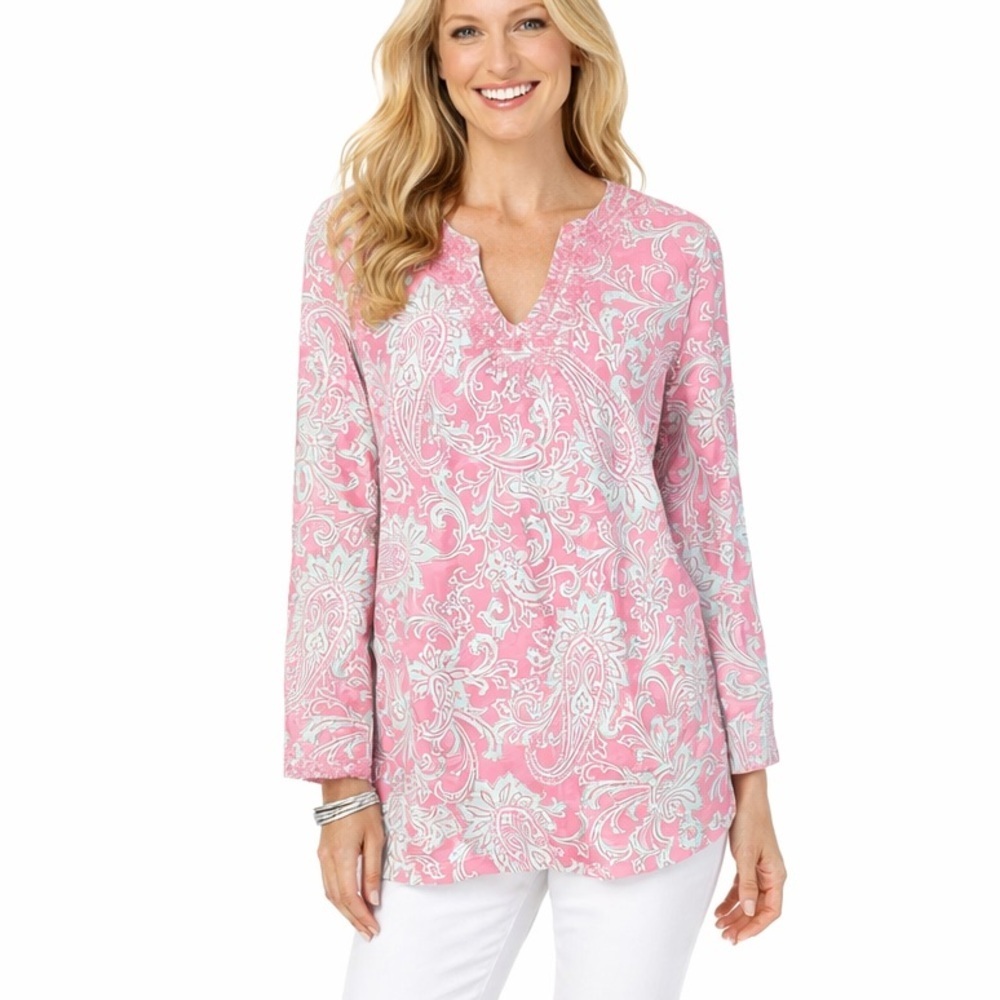 J. Mclaughlin Silk Blend Top M Pop Over Bell Sleeves Embroidered Coastal